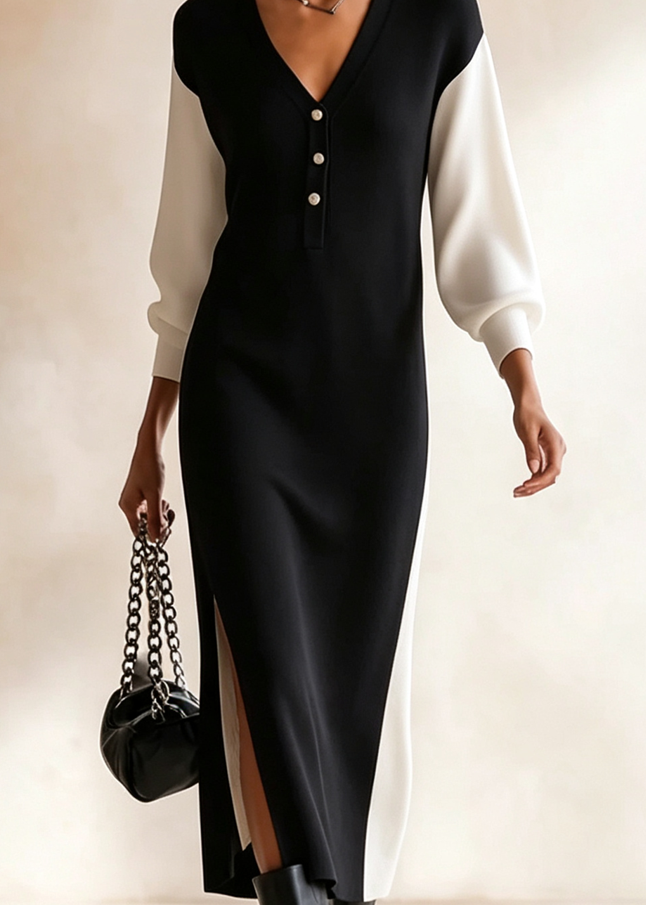 Vestido midi casual negro con escote en V y mangas largas blancas