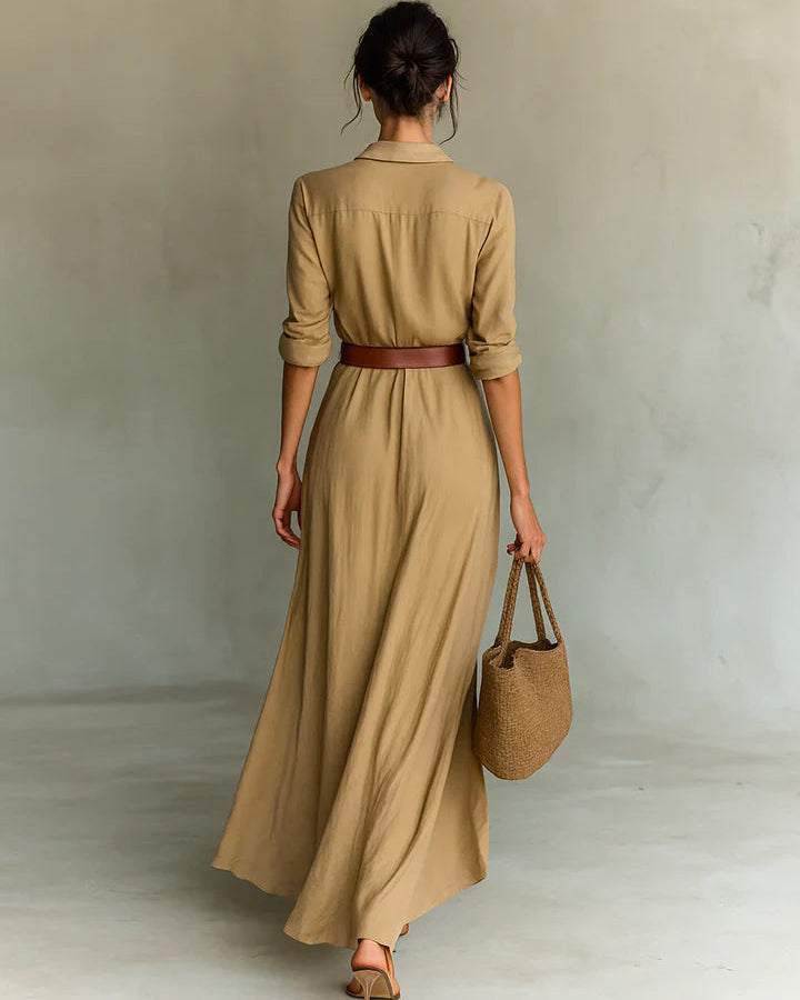 Iliana | Vestido largo con cuello de solapa y mangas largas para mujer