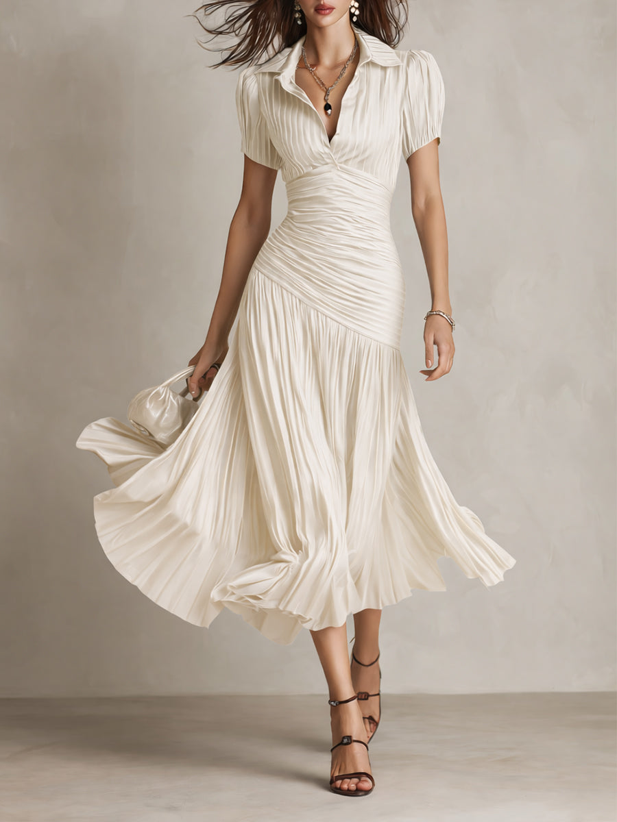 ISLA | Vestido Midi Plisado de Rayas Estilo Camisero