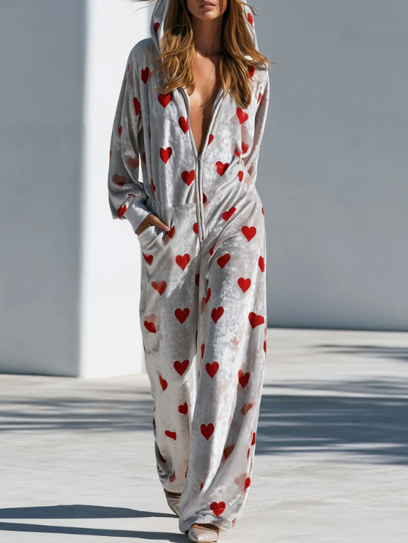 Mono Casual con Capucha y Estampado de Corazón en Gris de Manga Larga
