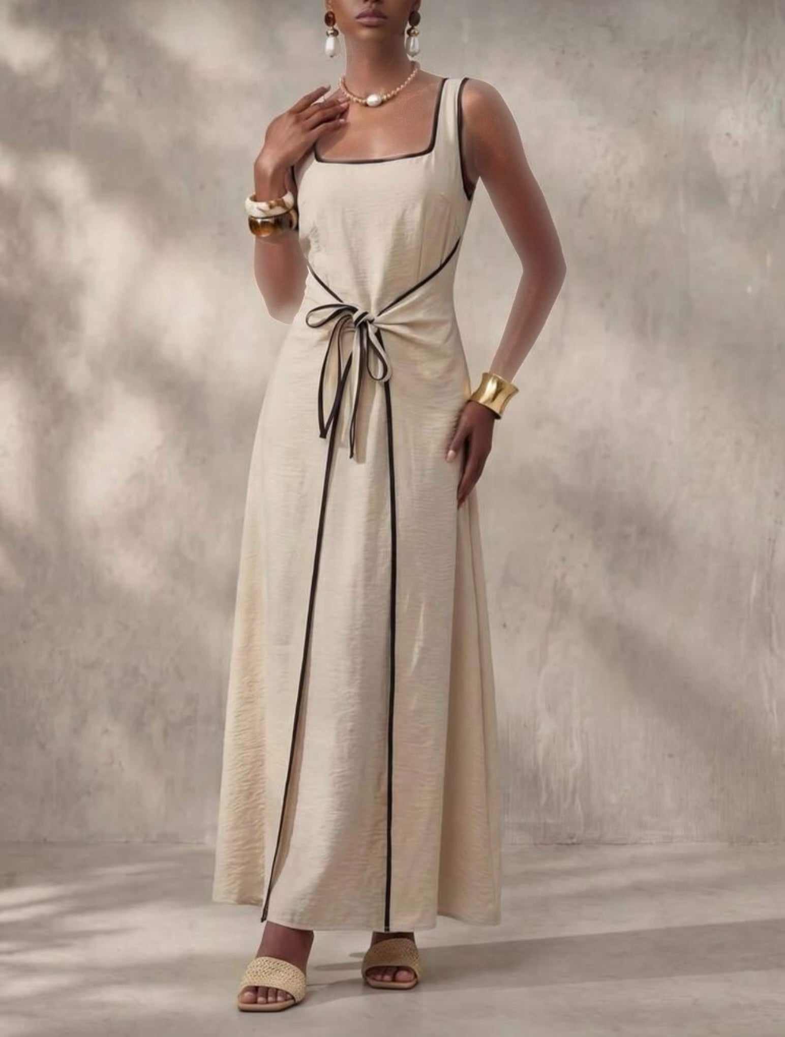 Vestido Maxi Beige de Cuello Cuadrado con Ribete Negro y Cinta