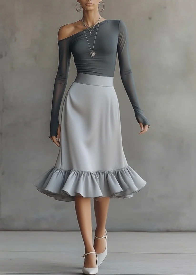 Conjunto de vestido midi de un solo hombro gris con mangas largas y dobladillo con volantes