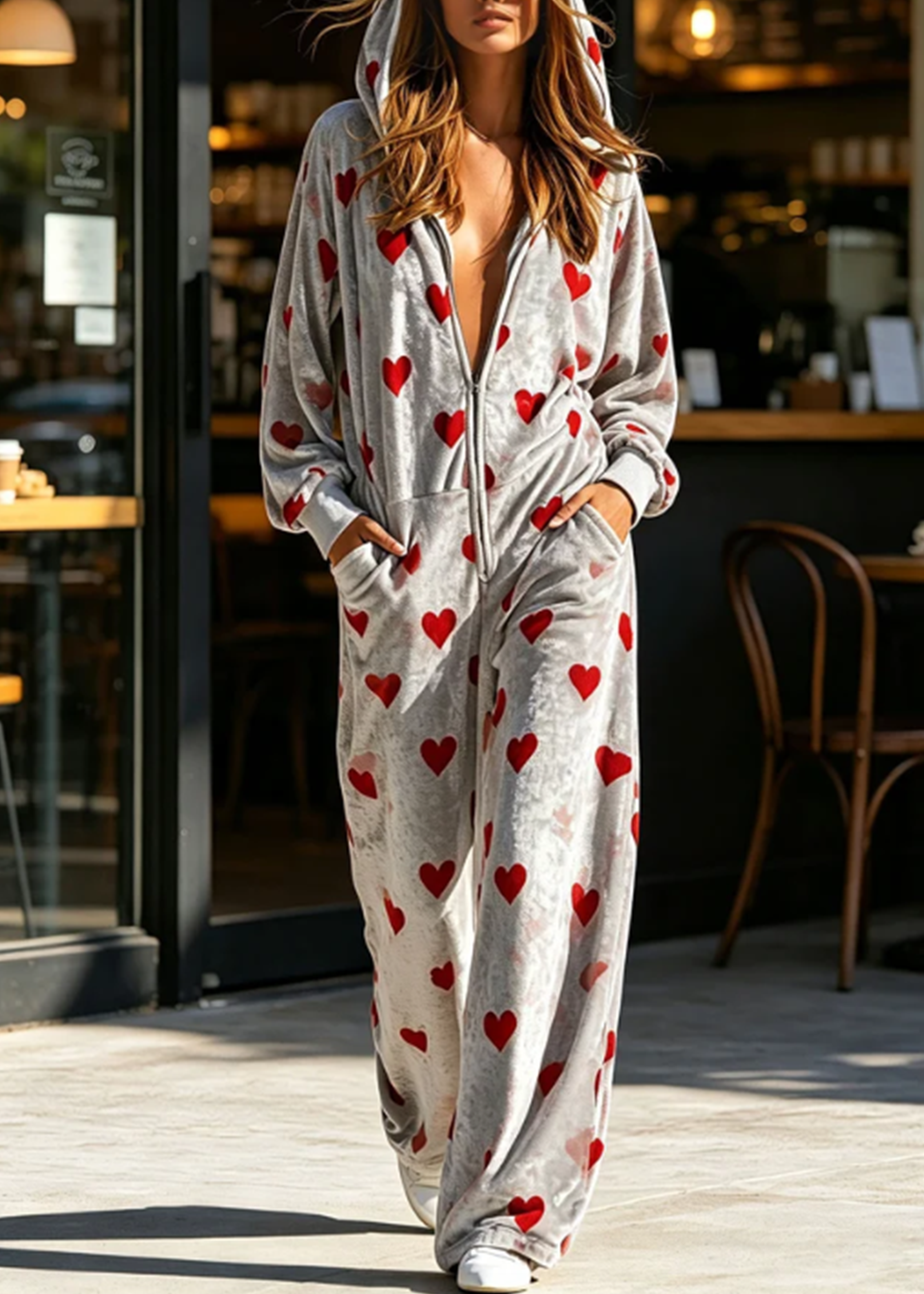 Mono Casual con Capucha y Estampado de Corazón en Gris de Manga Larga