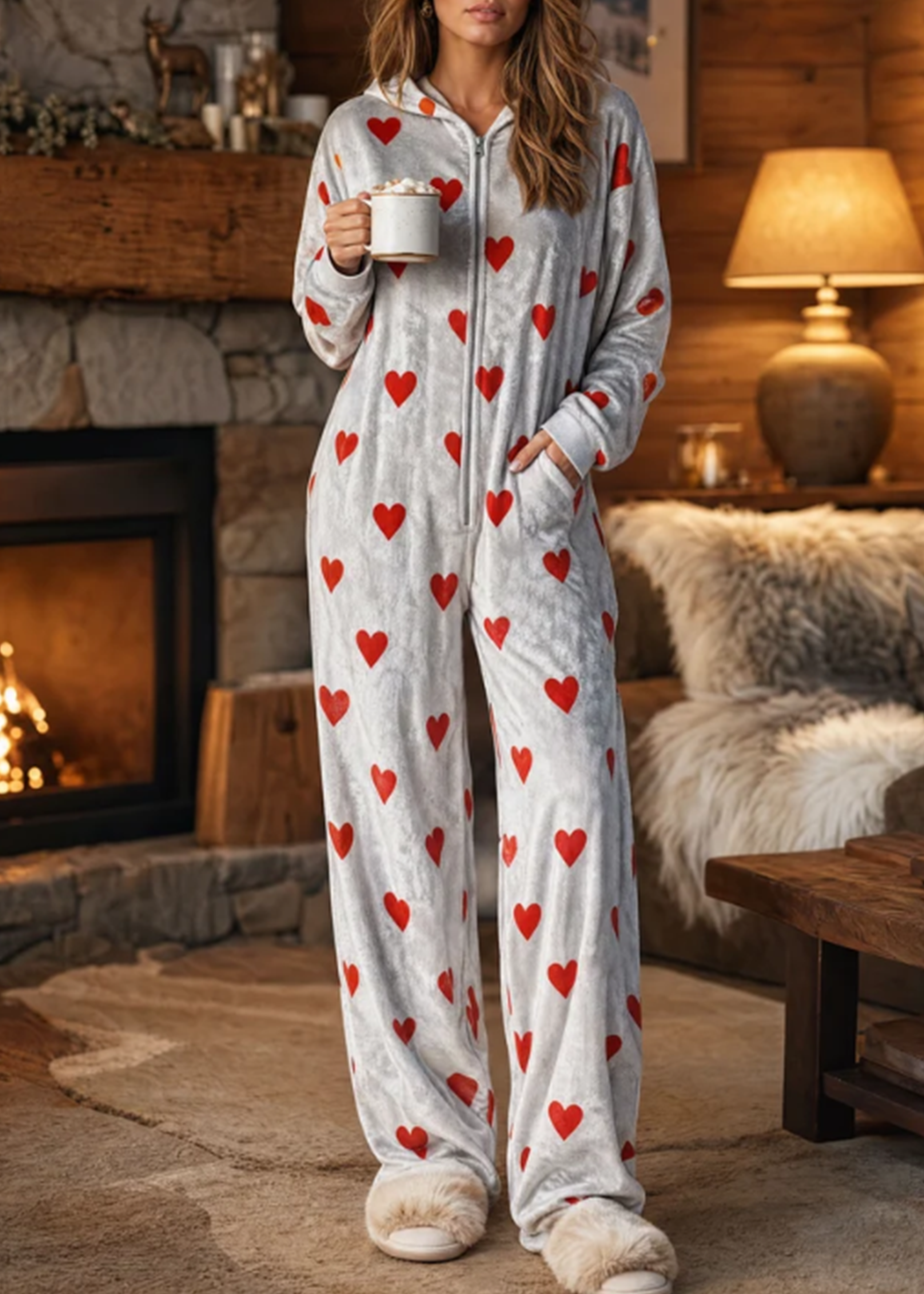 Mono Casual con Capucha y Estampado de Corazón en Gris de Manga Larga