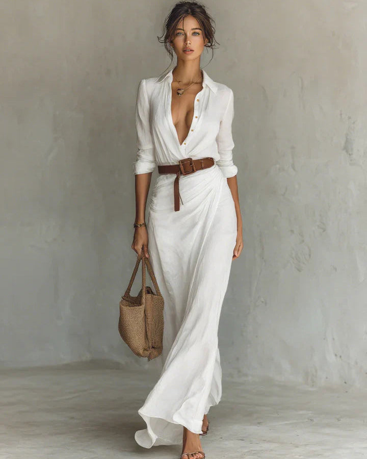 Iliana | Vestido largo con cuello de solapa y mangas largas para mujer