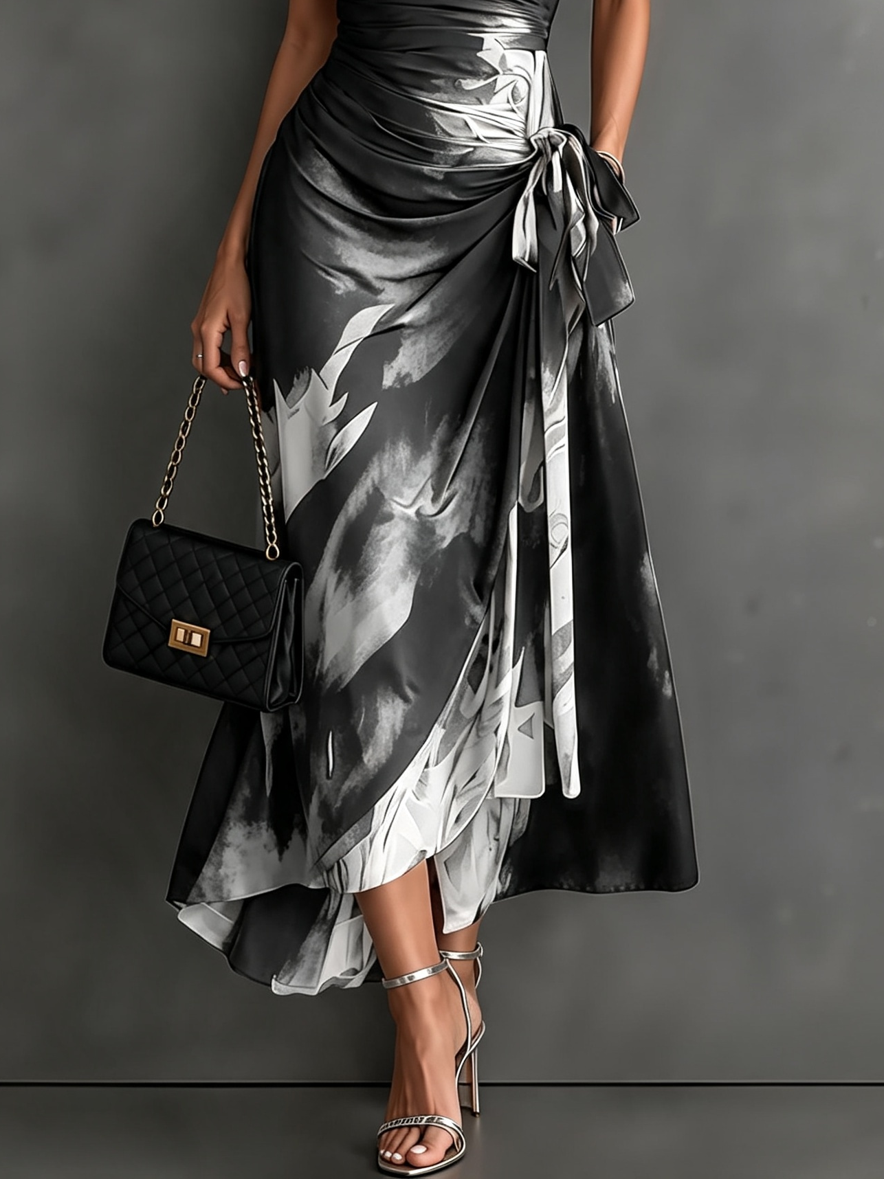 Glicinia | Vestido Midi Envoltura Abstracto Rojo Negro con Cuello