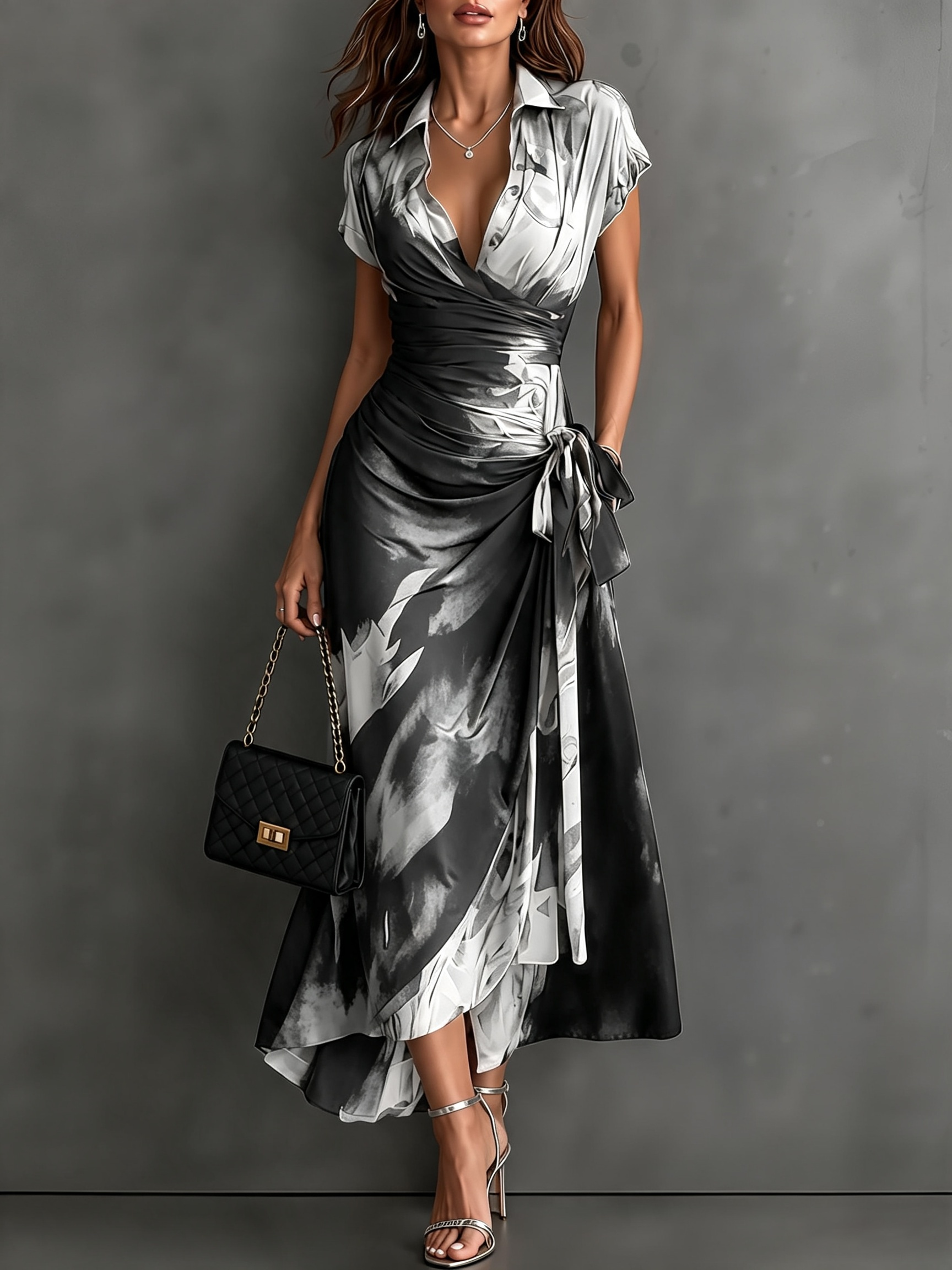 Glicinia | Vestido Midi Envoltura Abstracto Rojo Negro con Cuello