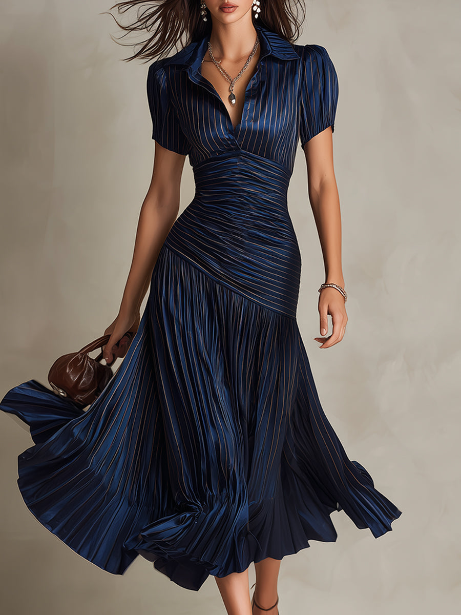 ISLA | Vestido Midi Plisado de Rayas Estilo Camisero
