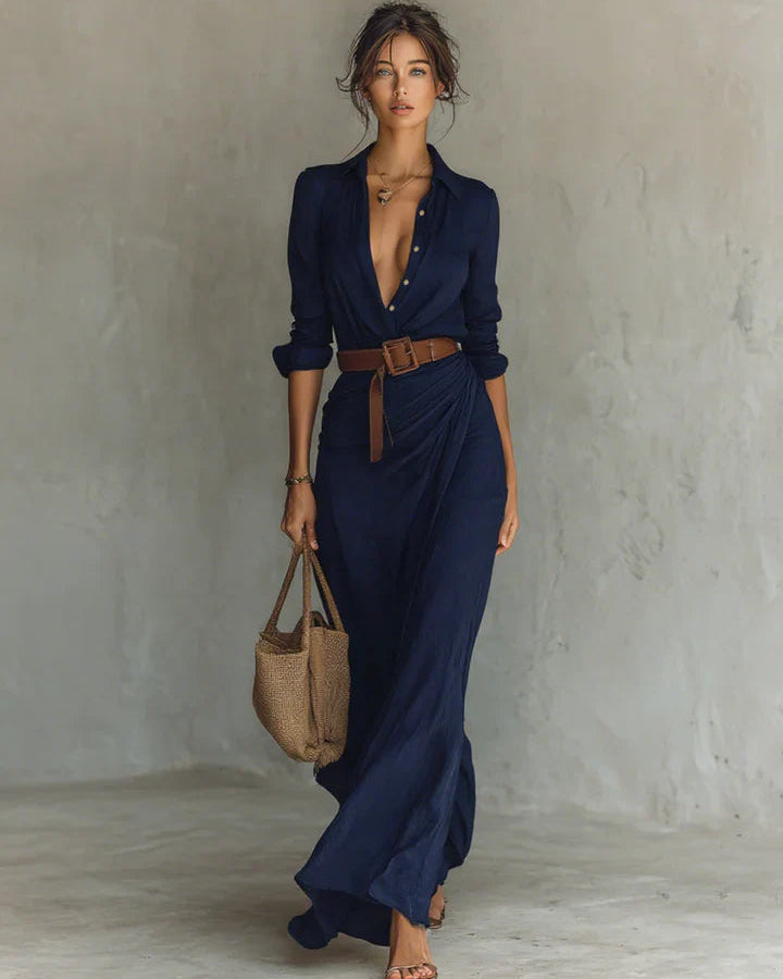 Iliana | Vestido largo con cuello de solapa y mangas largas para mujer