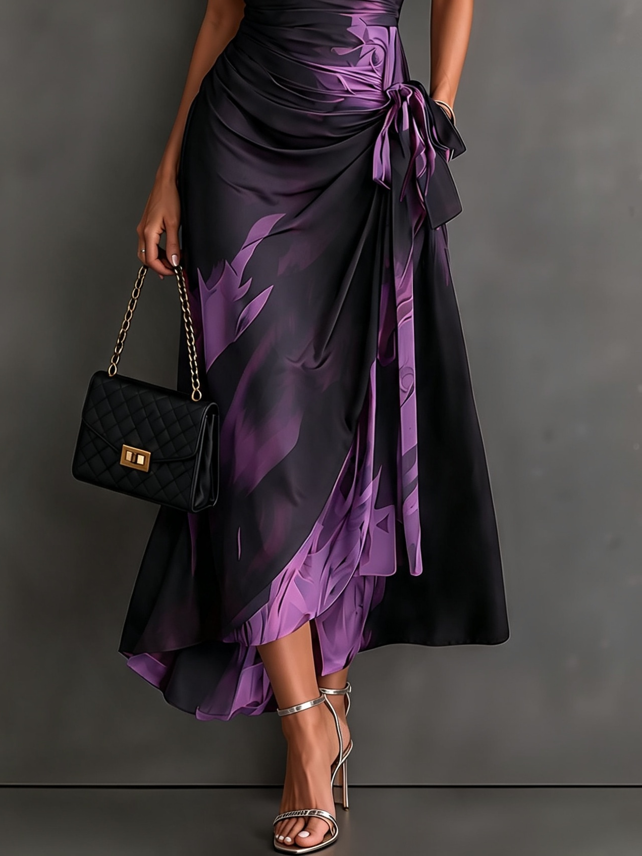 Glicinia | Vestido Midi Envoltura Abstracto Rojo Negro con Cuello