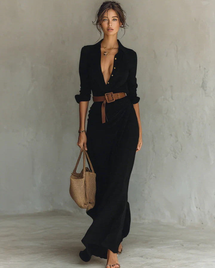 Iliana | Vestido largo con cuello de solapa y mangas largas para mujer