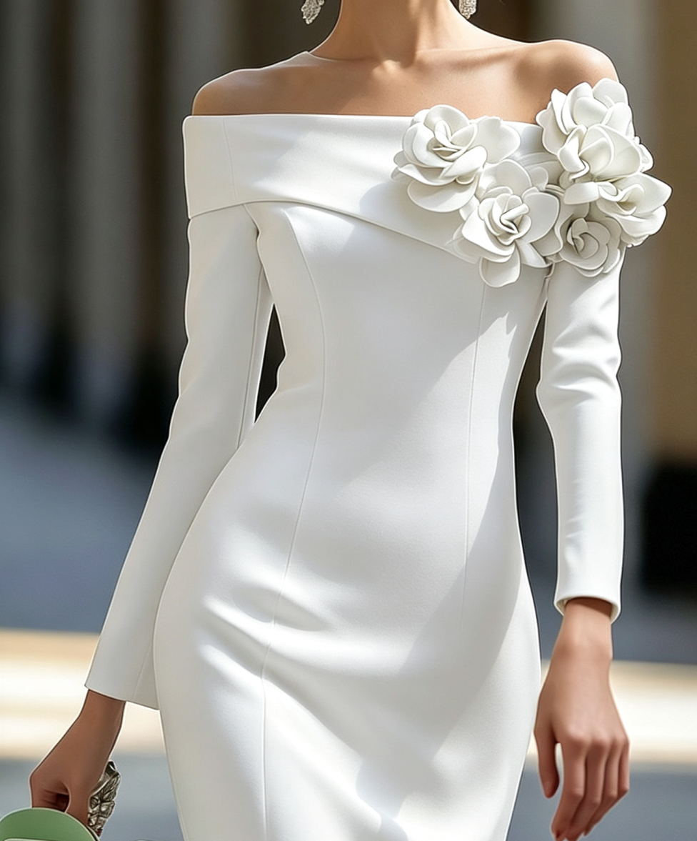 Vestido Midi Ajustado Blanco con Flores 3D sin Hombros