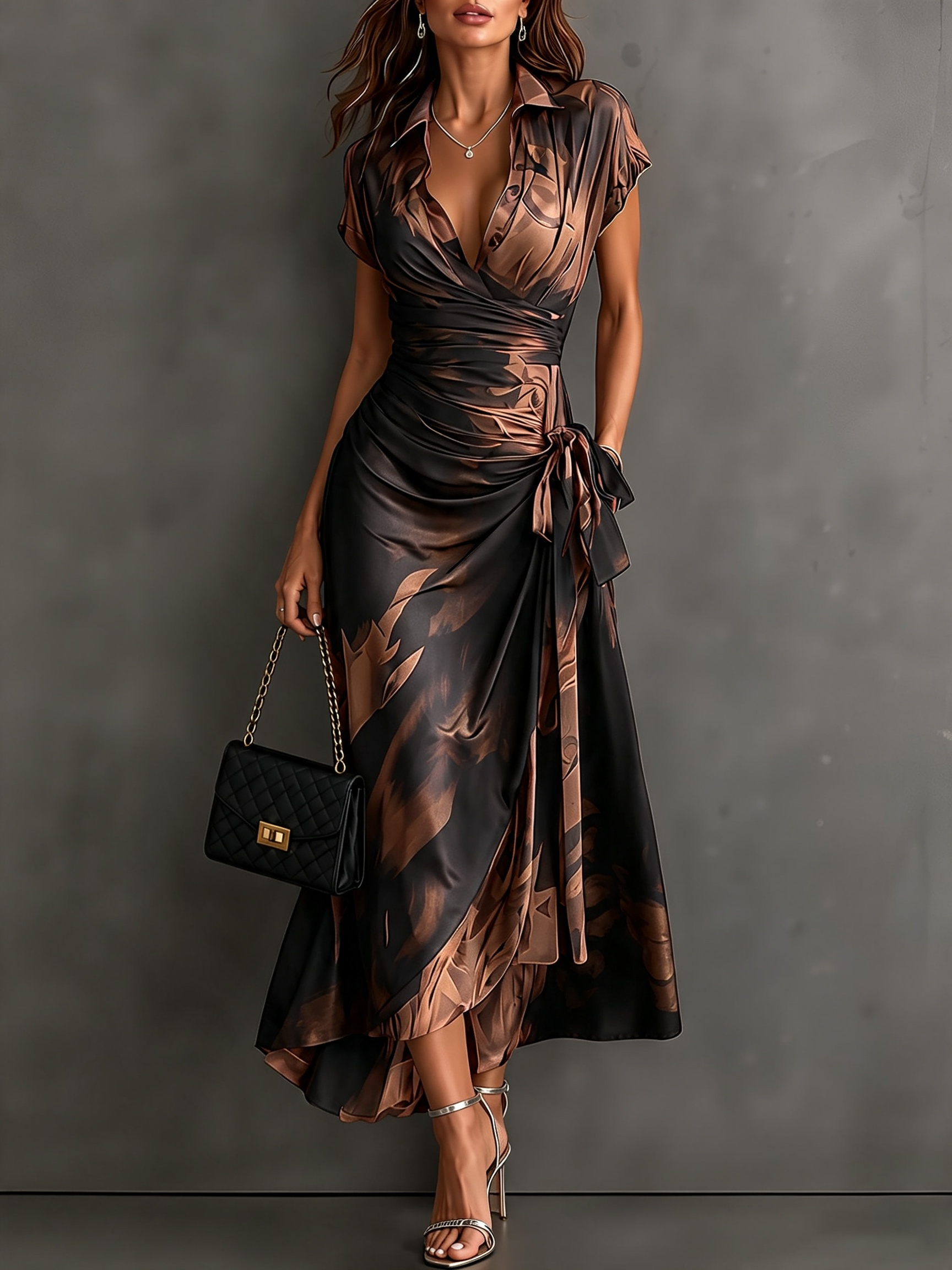 Glicinia | Vestido Midi Envoltura Abstracto Rojo Negro con Cuello