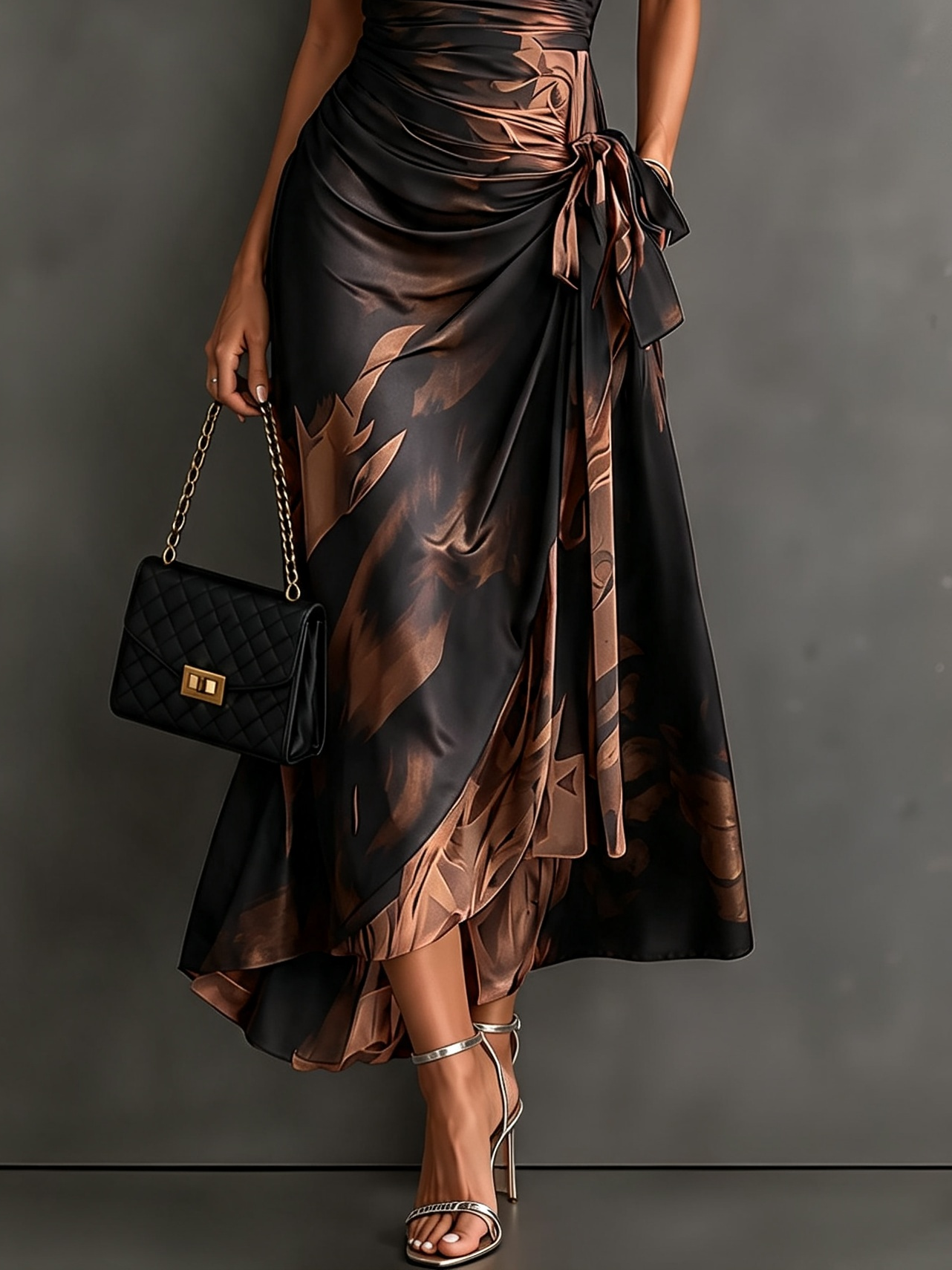 Glicinia | Vestido Midi Envoltura Abstracto Rojo Negro con Cuello