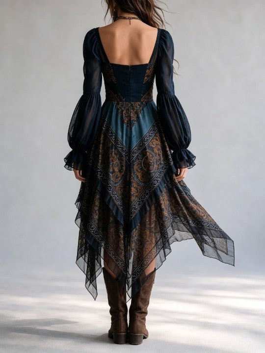 Vestido con dobladillo de pañuelo en estampado paisley azul marino