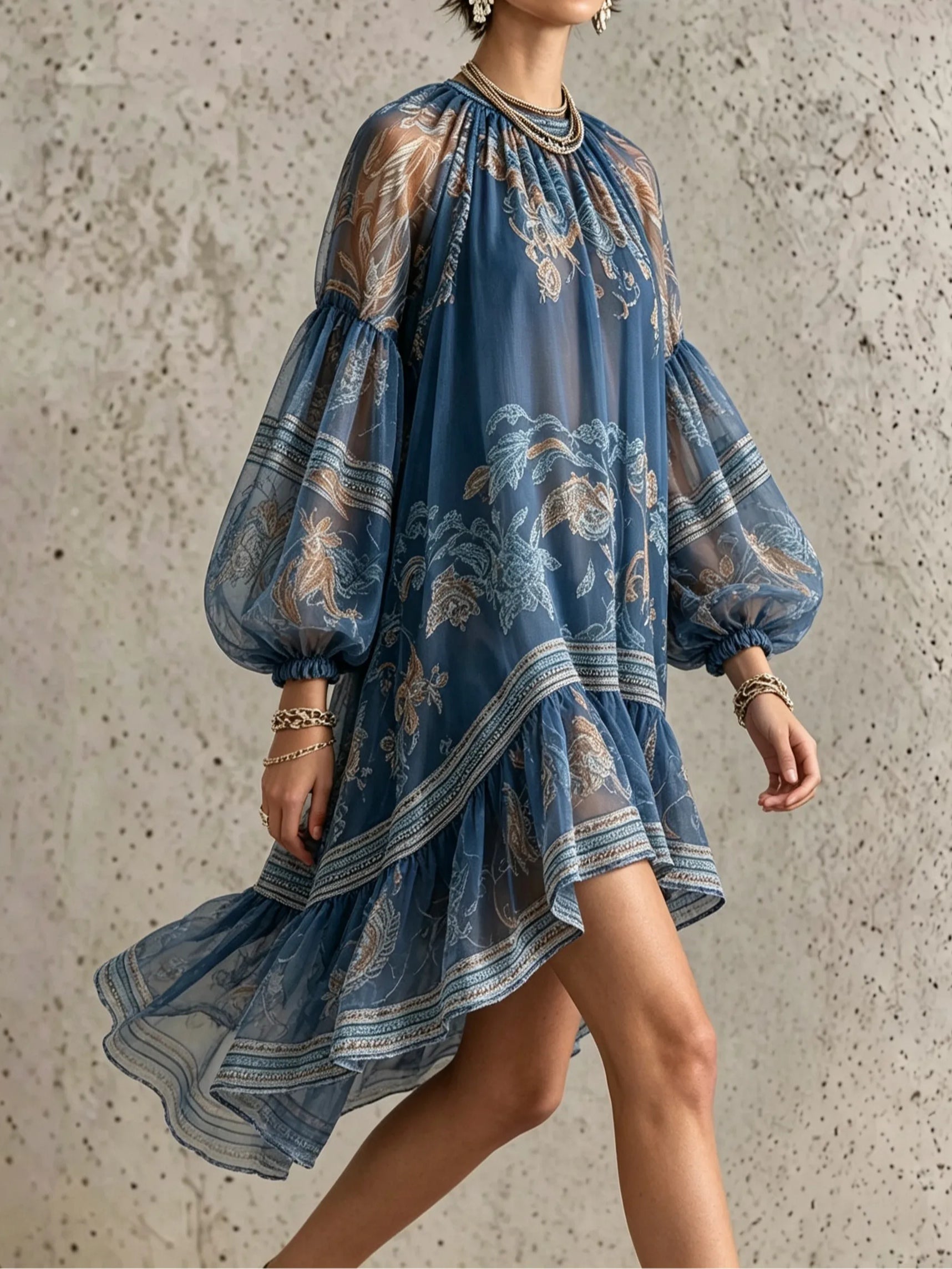 Marina | Vestido mini suelto de manga larga impreso elegante vintage