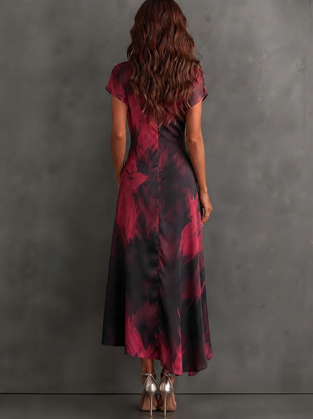Glicinia | Vestido Midi Envoltura Abstracto Rojo Negro con Cuello
