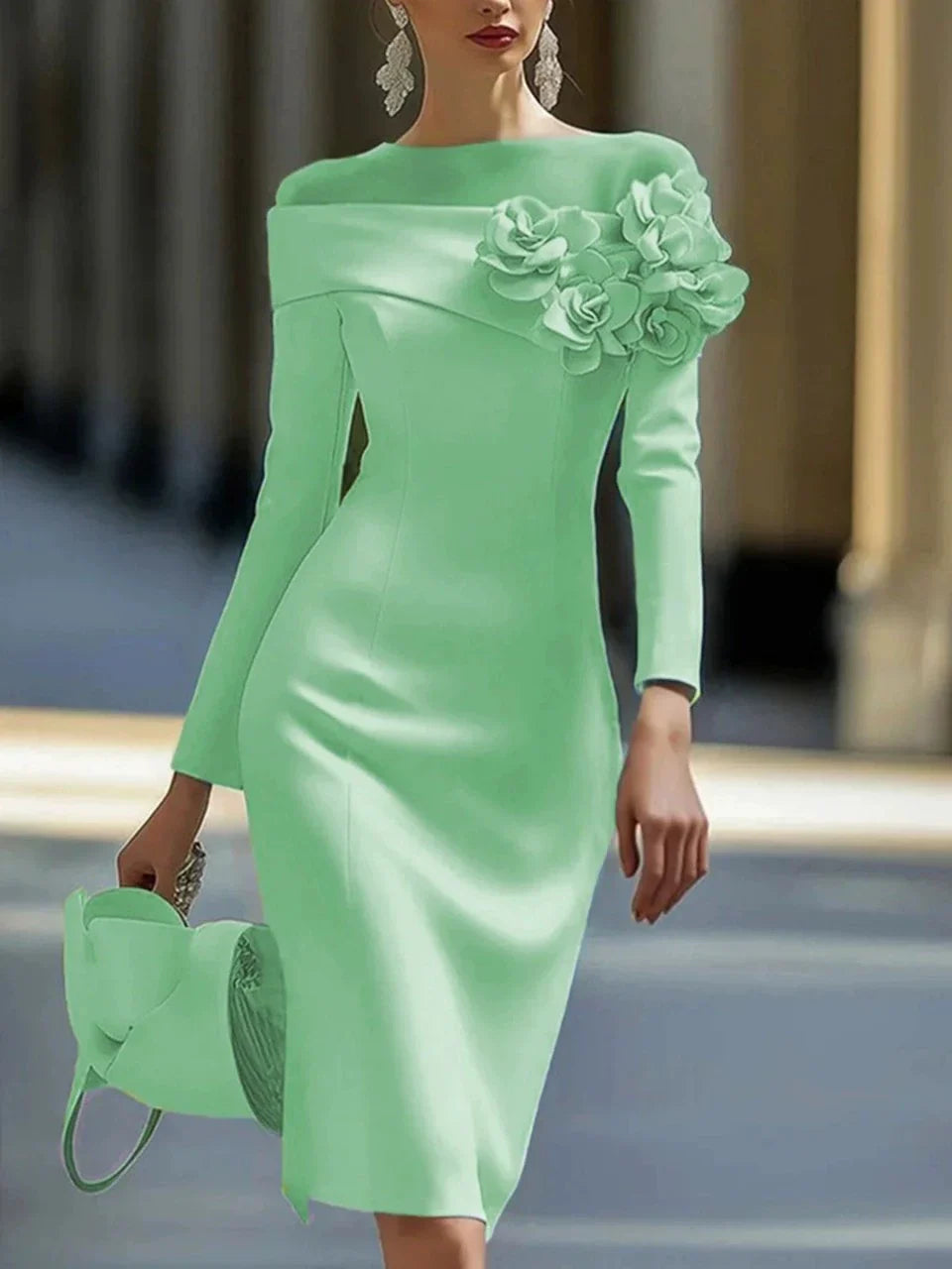 Vestido Midi de Flores 3D con Cuello Redondo y Hombros Descubiertos