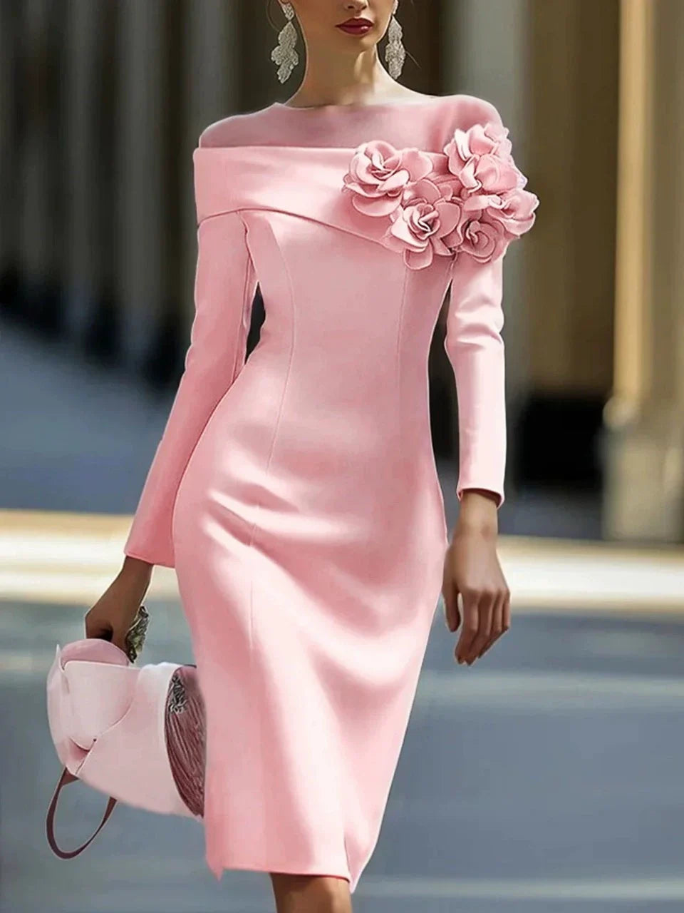 Vestido Midi de Flores 3D con Cuello Redondo y Hombros Descubiertos