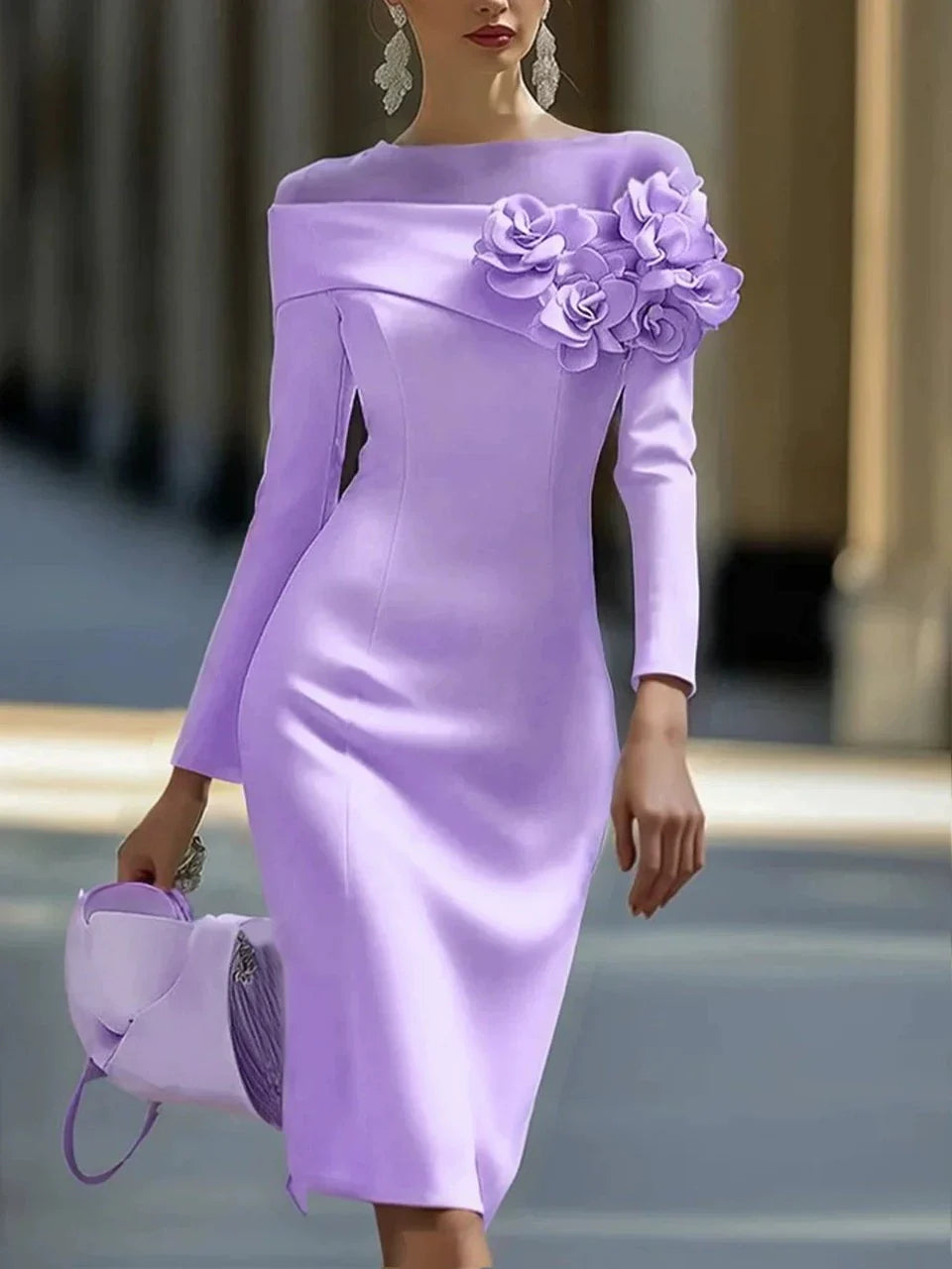 Vestido Midi de Flores 3D con Cuello Redondo y Hombros Descubiertos