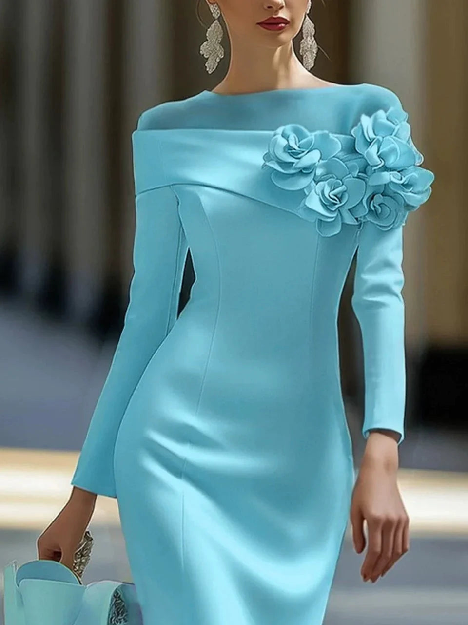 Vestido Midi de Flores 3D con Cuello Redondo y Hombros Descubiertos