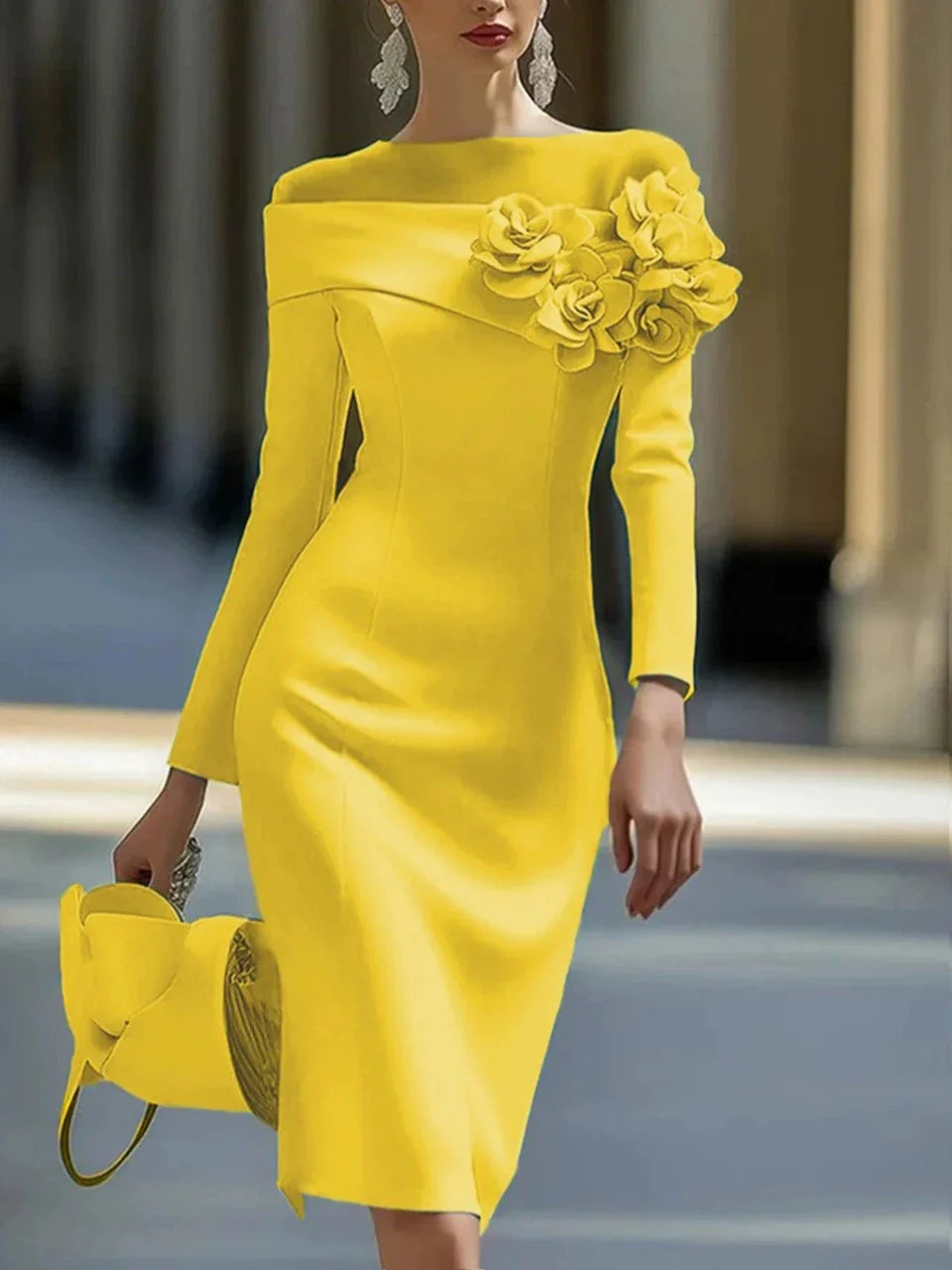 Vestido Midi de Flores 3D con Cuello Redondo y Hombros Descubiertos
