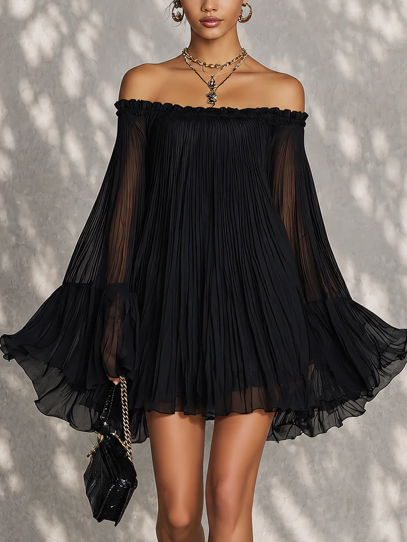 Lía | Vestido Mini Negro con Volantes y Manga de Campana al Hombro Descubierto