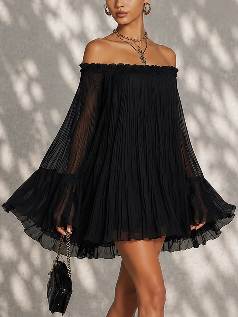 Lía | Vestido Mini Negro con Volantes y Manga de Campana al Hombro Descubierto