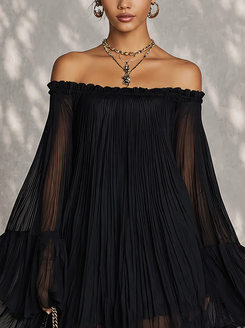 Lía | Vestido Mini Negro con Volantes y Manga de Campana al Hombro Descubierto