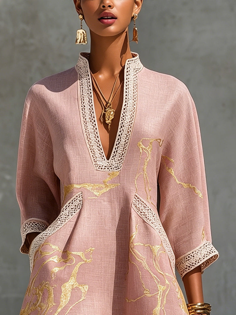 Merida | Vestido Mini de Encaje de Ganchillo con V en Color Oro Rosa