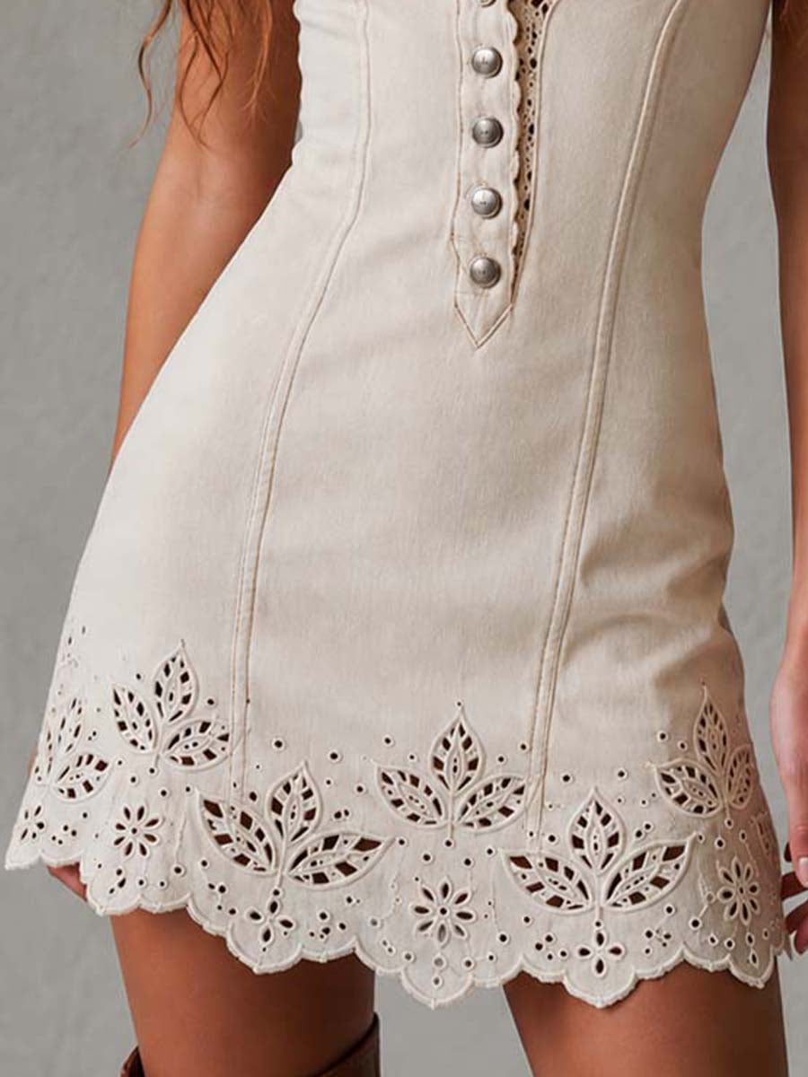 Ana | Vestido corto de encaje marfil con escote en V y recortes de estilo retro
