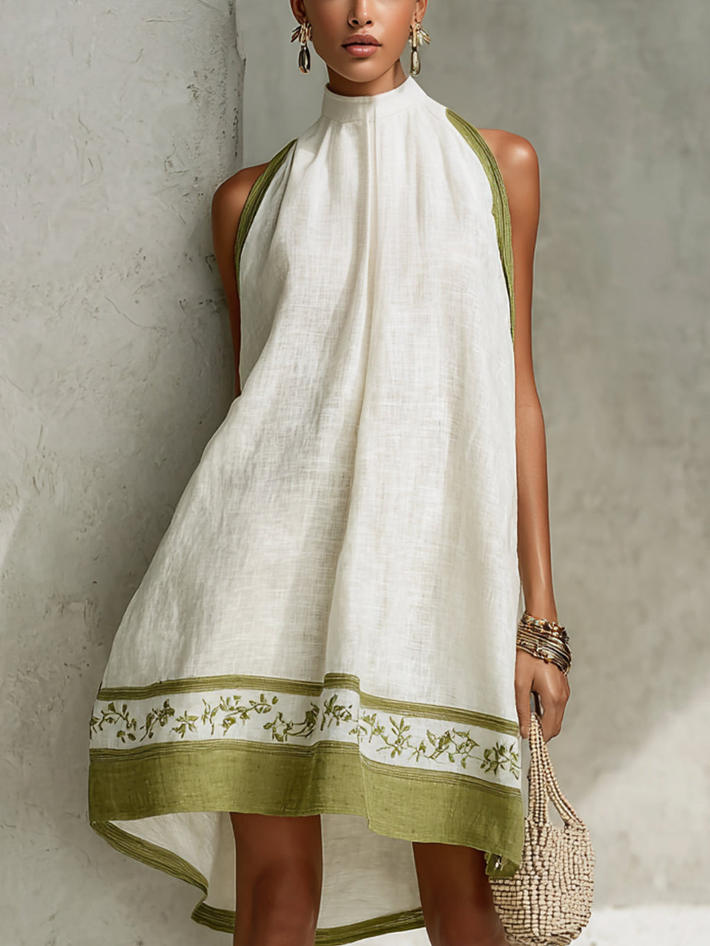 Selina | Vestido Mini Sin Mangas A-Line Floral Blanco y Verde Oliva