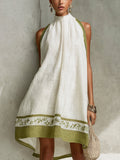 Selina | Vestido Mini Sin Mangas A-Line Floral Blanco y Verde Oliva
