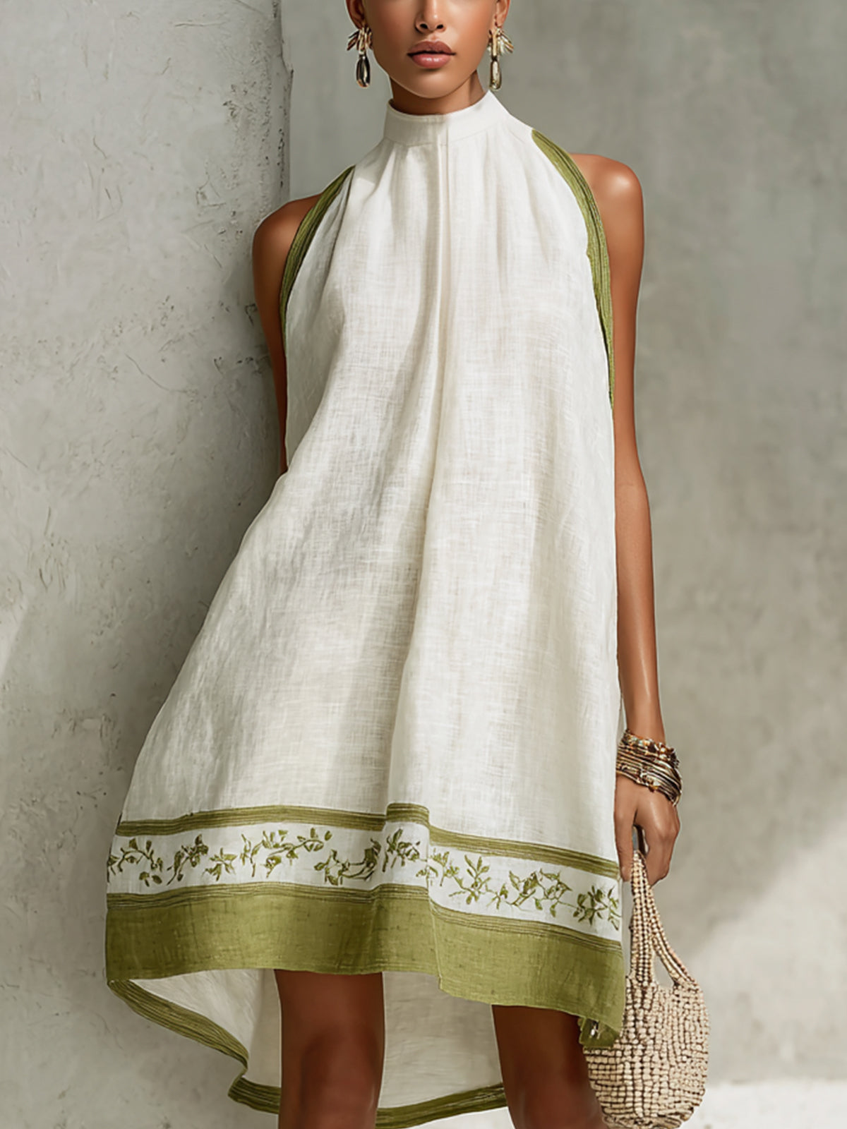 Selina | Vestido Mini Sin Mangas A-Line Floral Blanco y Verde Oliva