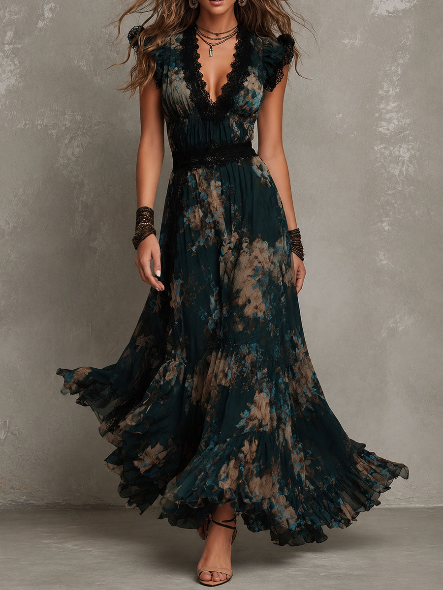Alejandra | Vestido maxi de chiffon vintage verde oscuro con encaje