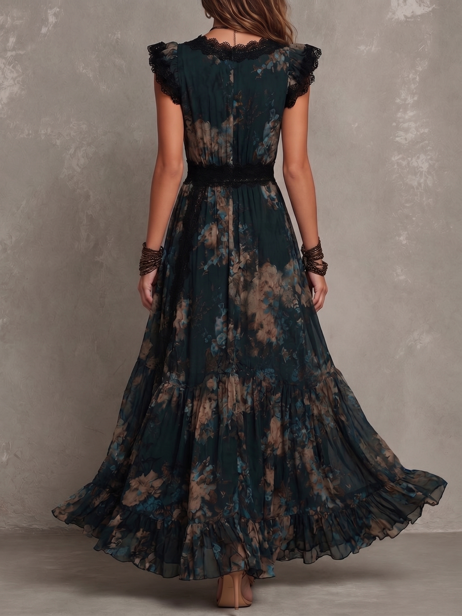Alejandra | Vestido maxi de chiffon vintage verde oscuro con encaje