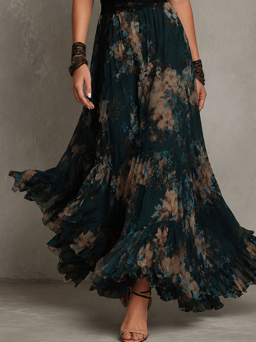Alejandra | Vestido maxi de chiffon vintage verde oscuro con encaje