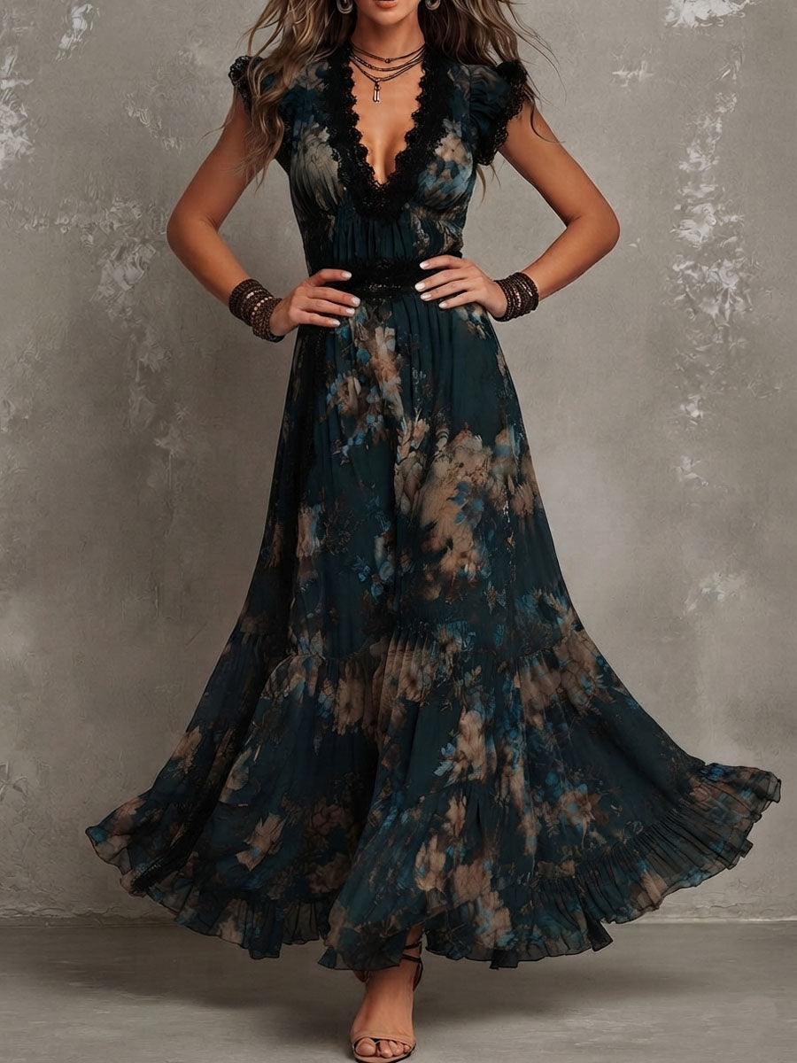 Alejandra | Vestido maxi de chiffon vintage verde oscuro con encaje