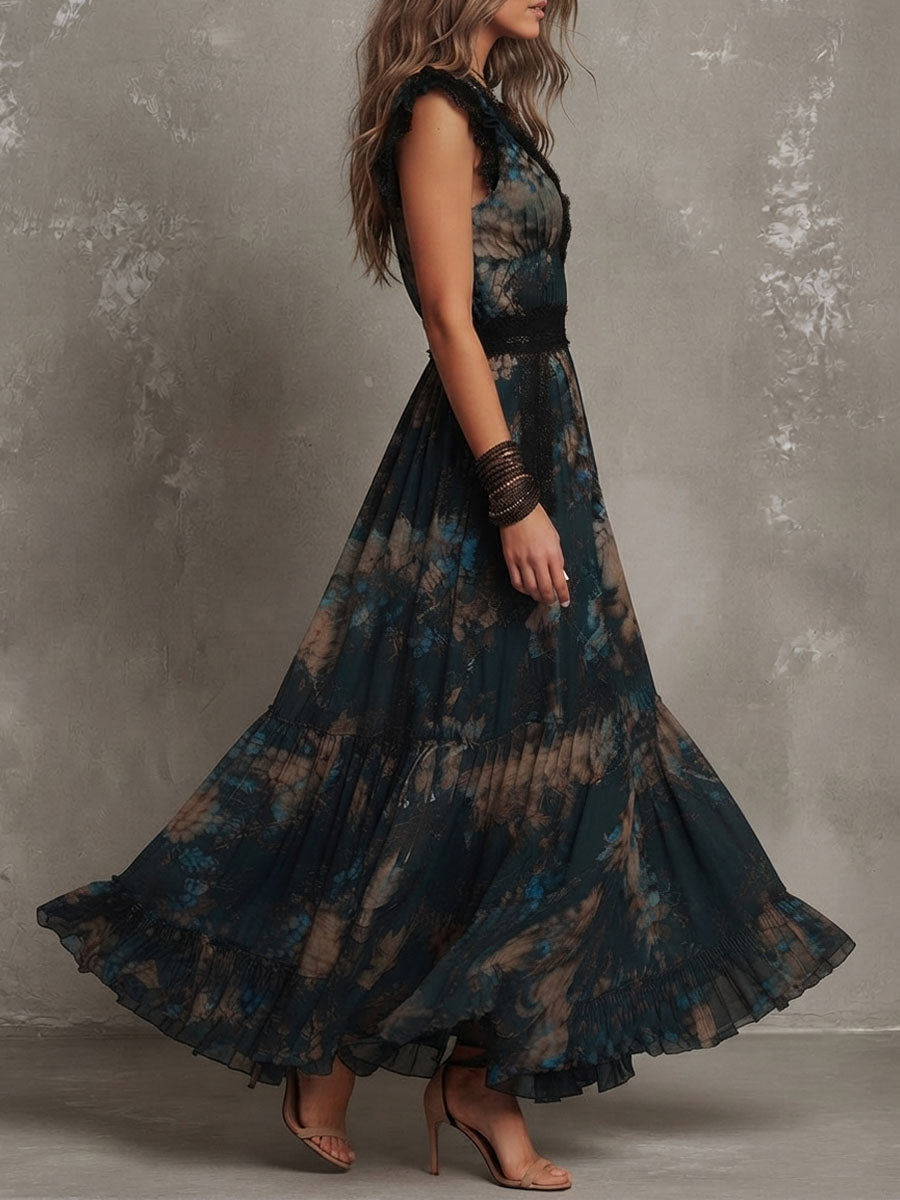 Alejandra | Vestido maxi de chiffon vintage verde oscuro con encaje