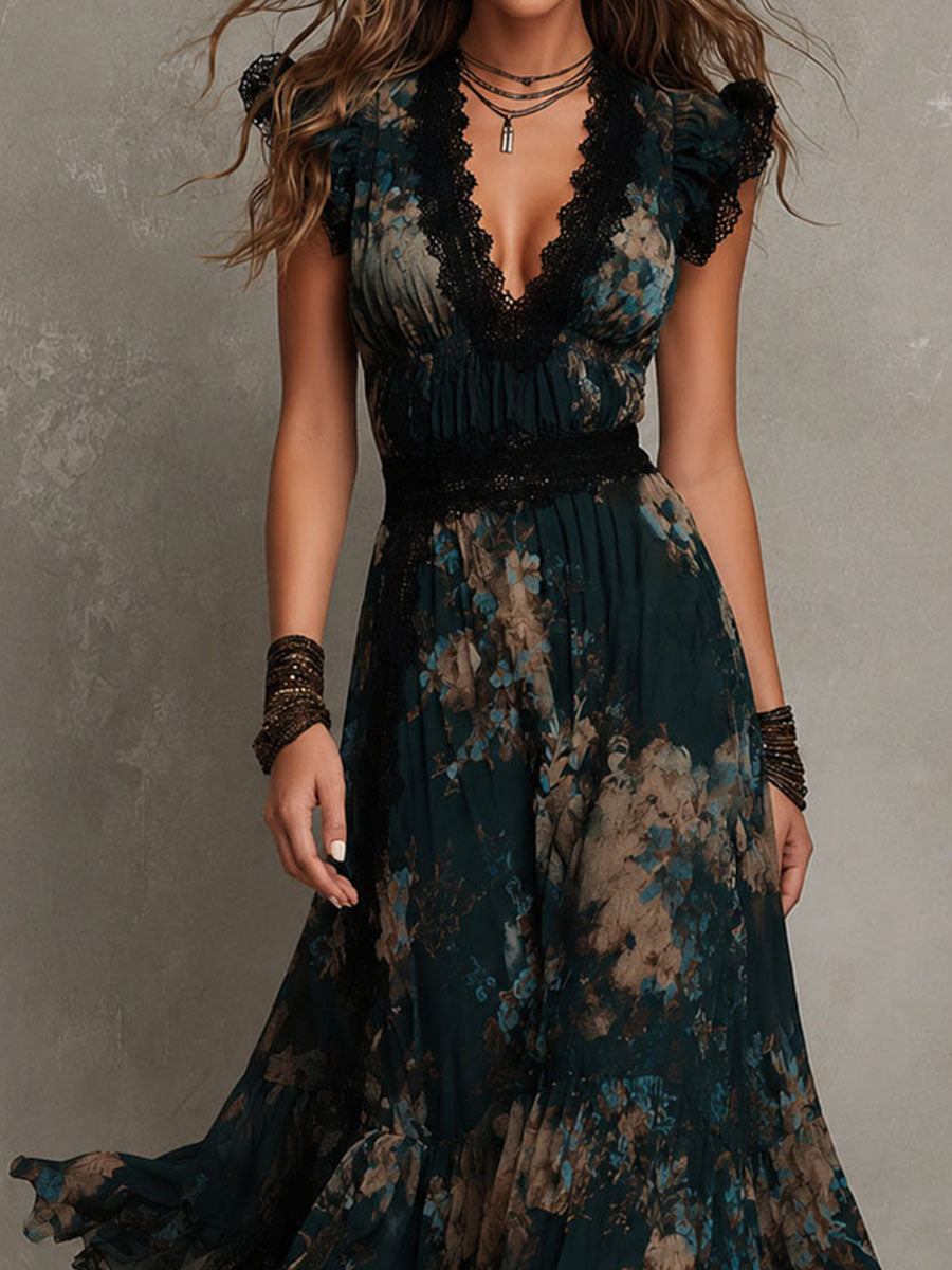 Alejandra | Vestido maxi de chiffon vintage verde oscuro con encaje