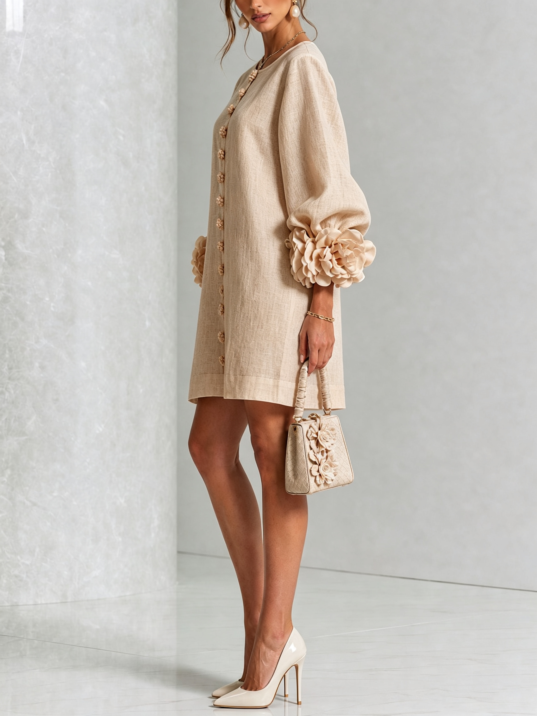 Anastasia | Vestido Mini Beige Con Botones Florales y Puños Florales Impactantes