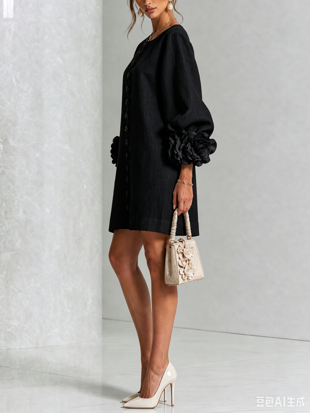 Luna | Vestido Mini de Botones Negros con Puños Florales Impactantes