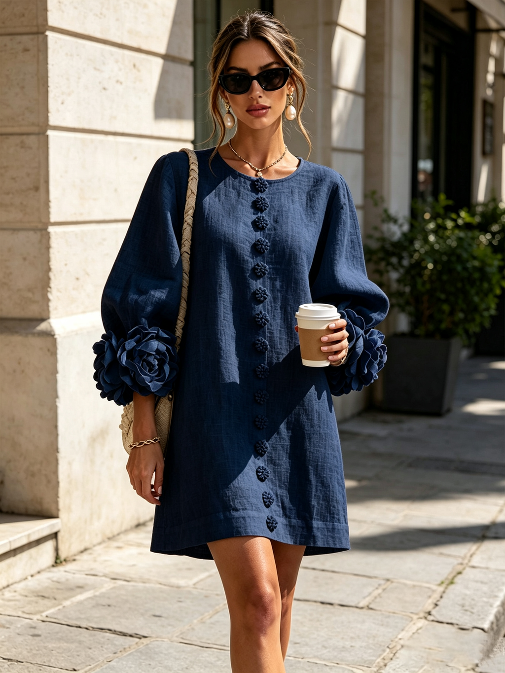 Mara | Vestido Mini de Botones con Flores Marinas y Puños Florales Impactantes