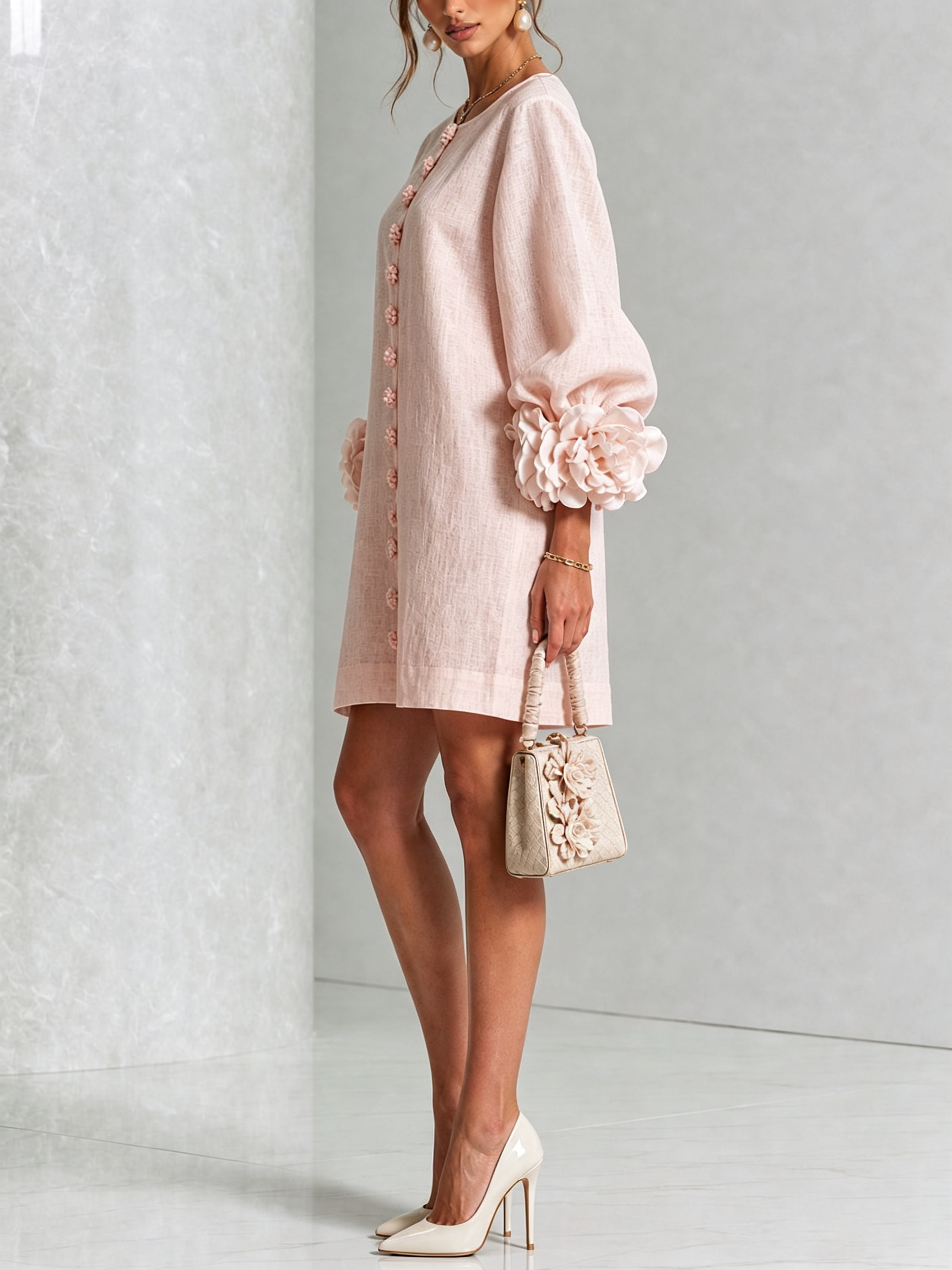 Alma | Vestido Mini Blanco de Flores con Puños Florales Impactantes