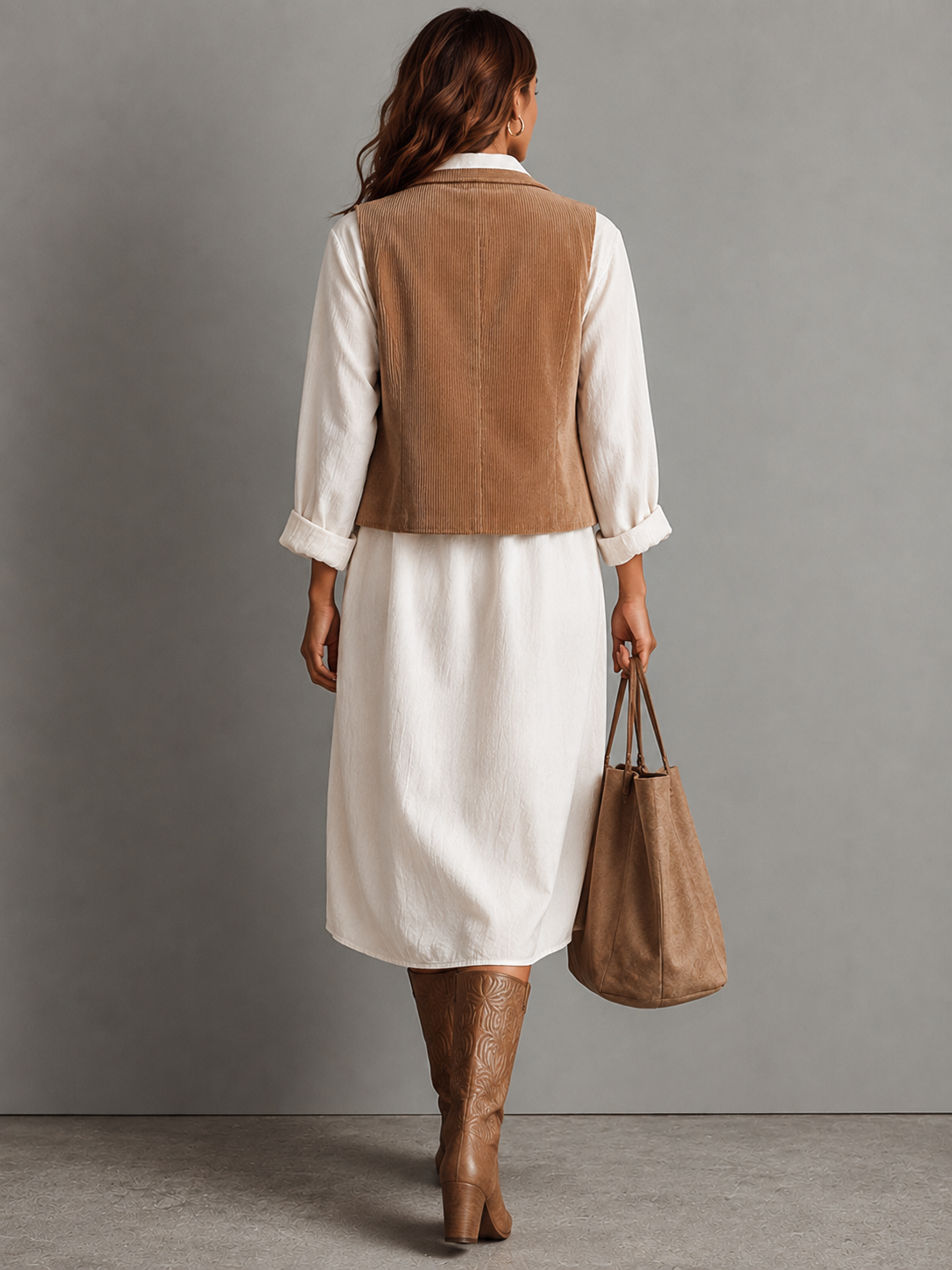 Conjunto de Vestido Midi de Pana Marrón y Camisa Blanca de Dos Piezas