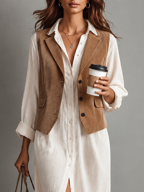 Conjunto de Vestido Midi de Pana Marrón y Camisa Blanca de Dos Piezas