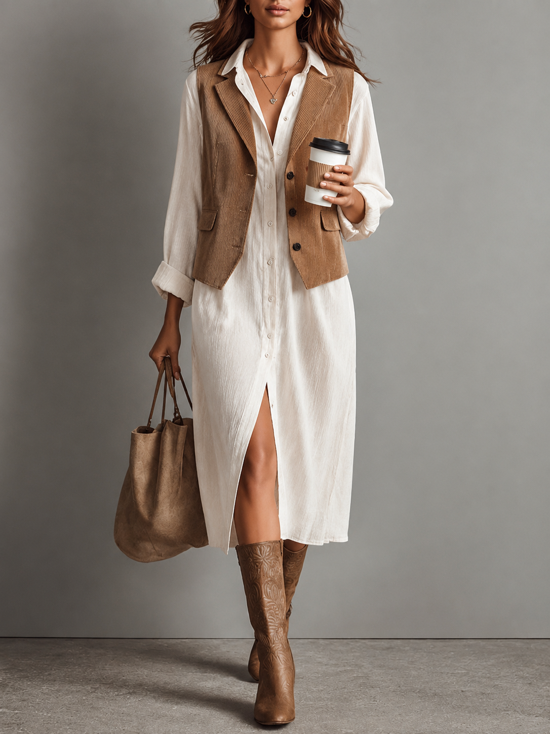 Conjunto de Vestido Midi de Pana Marrón y Camisa Blanca de Dos Piezas