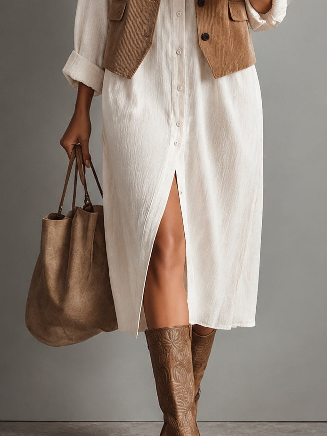 Conjunto de Vestido Midi de Pana Marrón y Camisa Blanca de Dos Piezas