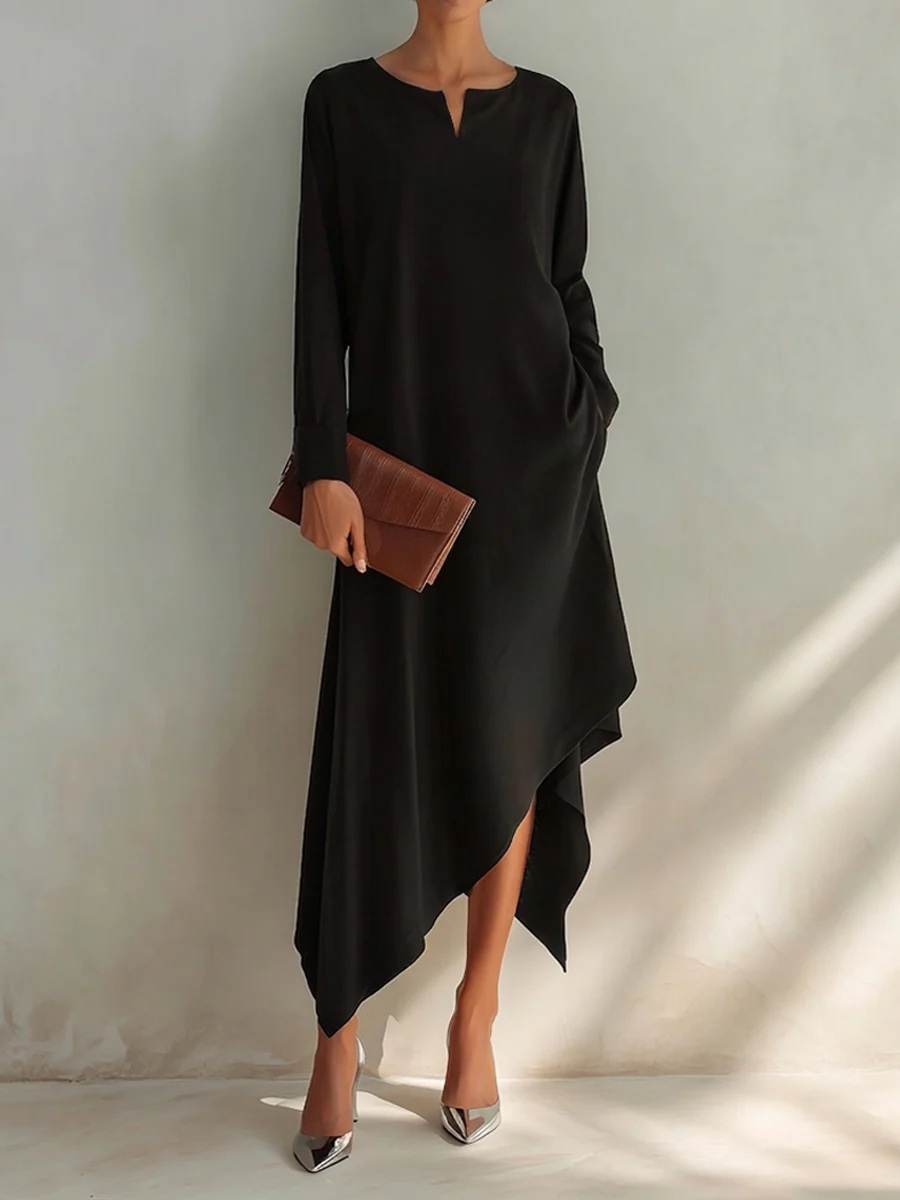 Vestido Midi Negro de Manga Larga con Escote en V y Dobladillo Asimétrico