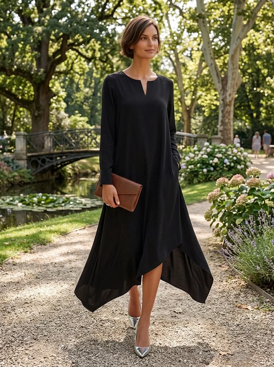 Vestido Midi Negro de Manga Larga con Escote en V y Dobladillo Asimétrico